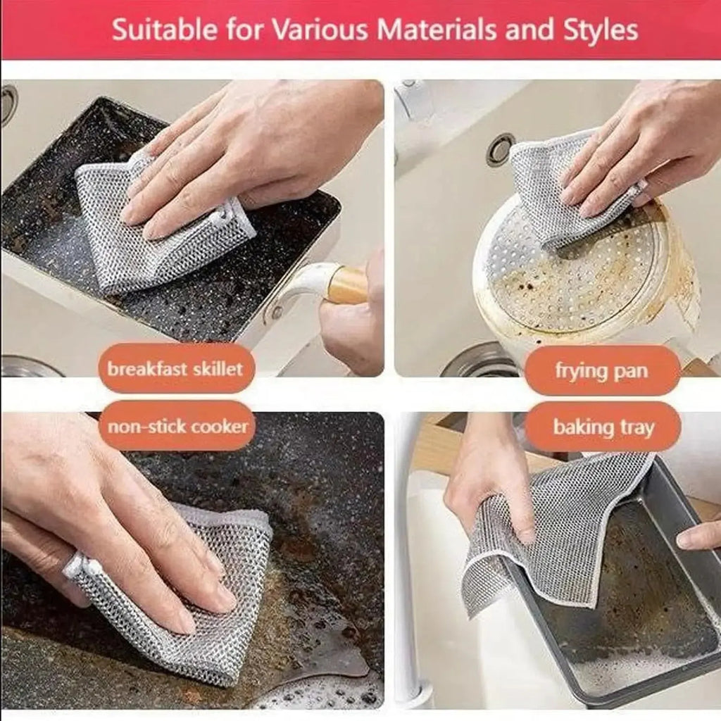10Pcs Magic Dishcloth Silver Wire Cleaning Kitchen Cloth Thickened Microfiber Wash Towel Built-In Sponge Steel Wire Ball Rag