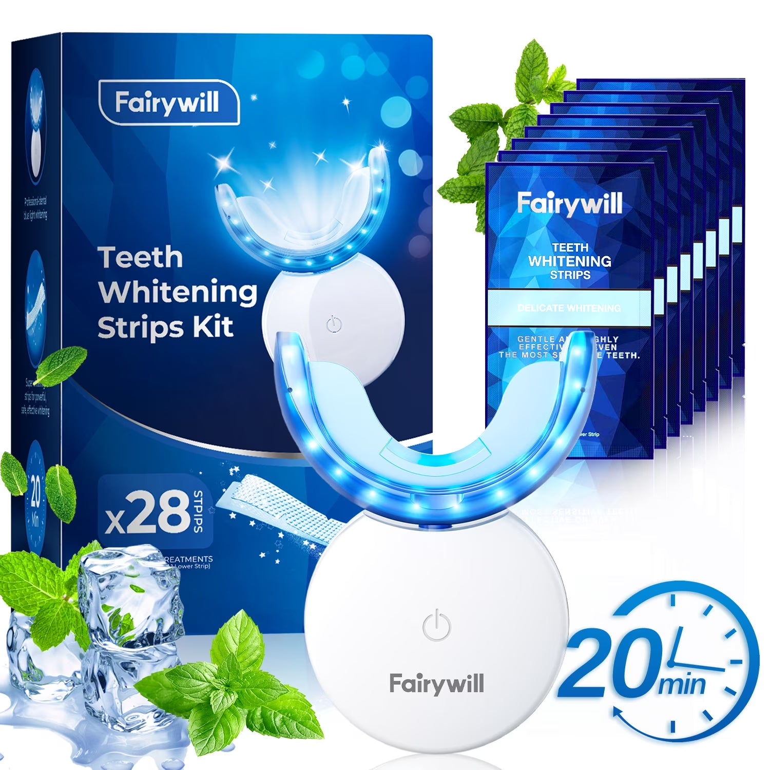 LED Teeth Whitening Strips Kit for Sensitive Teeth - 28 White Strips + 24 Blue Light Accelerator, 20Min Rapid White At-Home Dental Care for Smoking & Coffee Stains