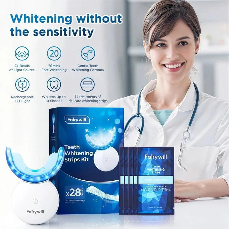 LED Teeth Whitening Strips Kit for Sensitive Teeth - 28 White Strips + 24 Blue Light Accelerator, 20Min Rapid White At-Home Dental Care for Smoking & Coffee Stains