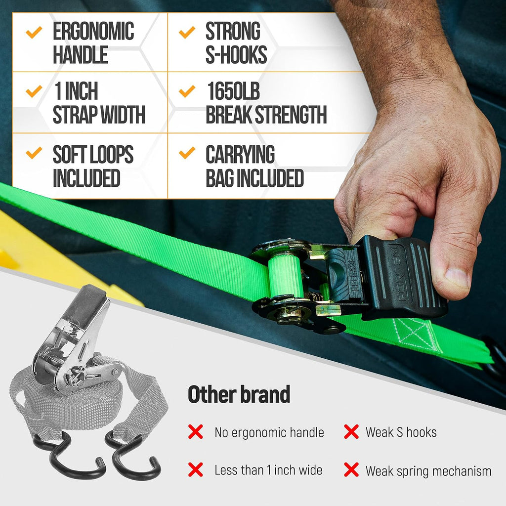 Ratchet Straps - Tie down Strap Set, 4 Pack, 1650Lb Break Strength