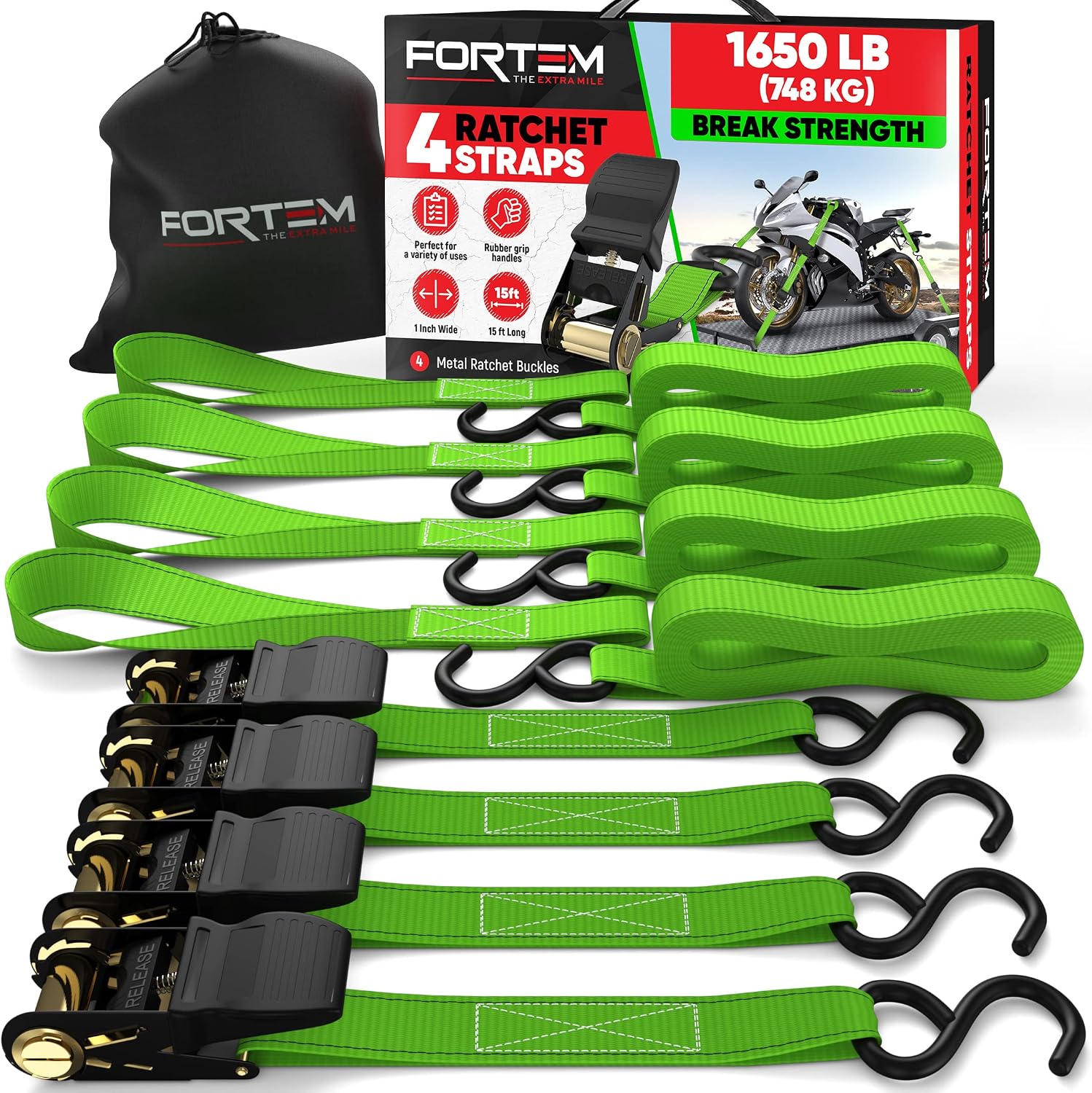 Ratchet Straps - Tie down Strap Set, 4 Pack, 1650Lb Break Strength