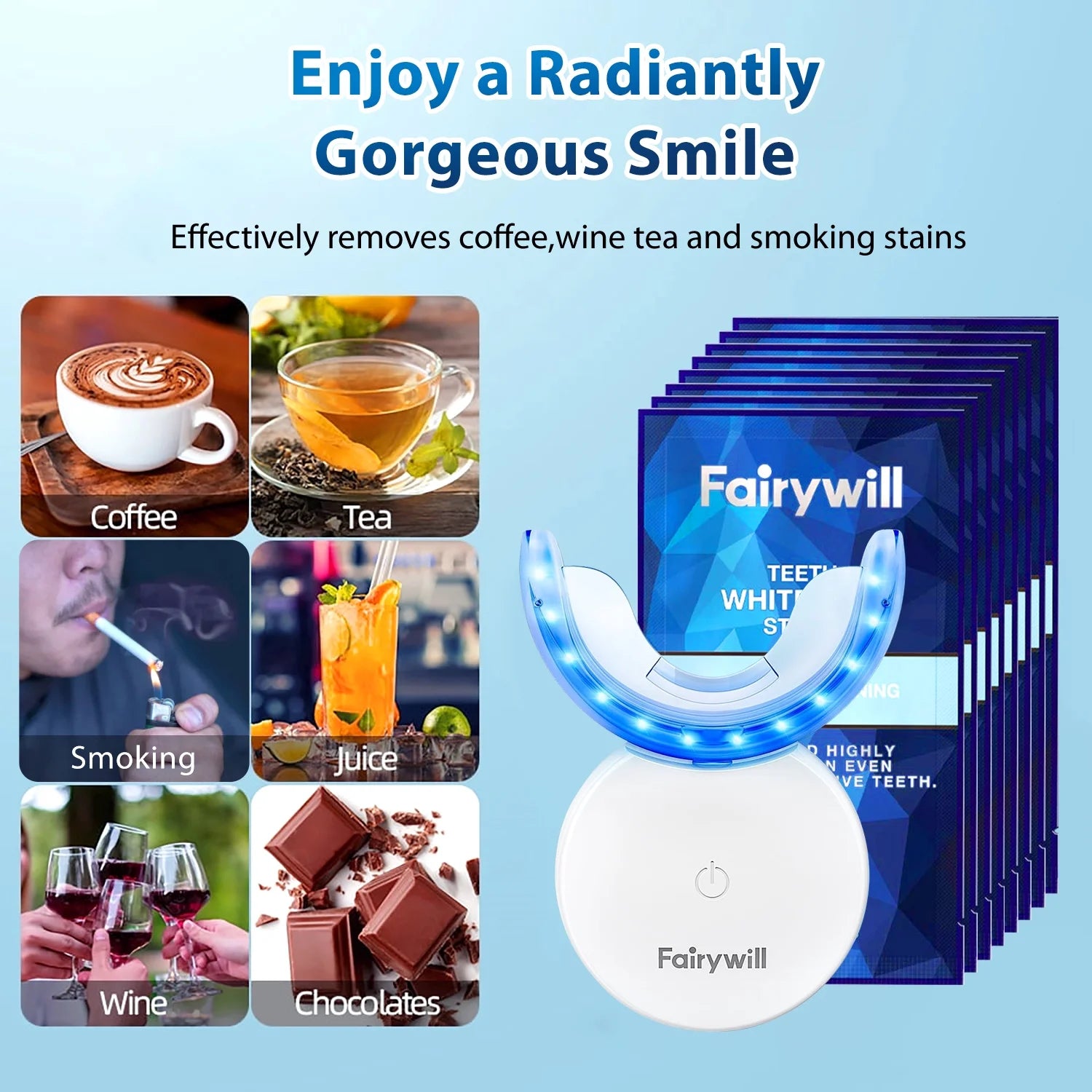 LED Teeth Whitening Strips Kit for Sensitive Teeth - 28 White Strips + 24 Blue Light Accelerator, 20Min Rapid White At-Home Dental Care for Smoking & Coffee Stains