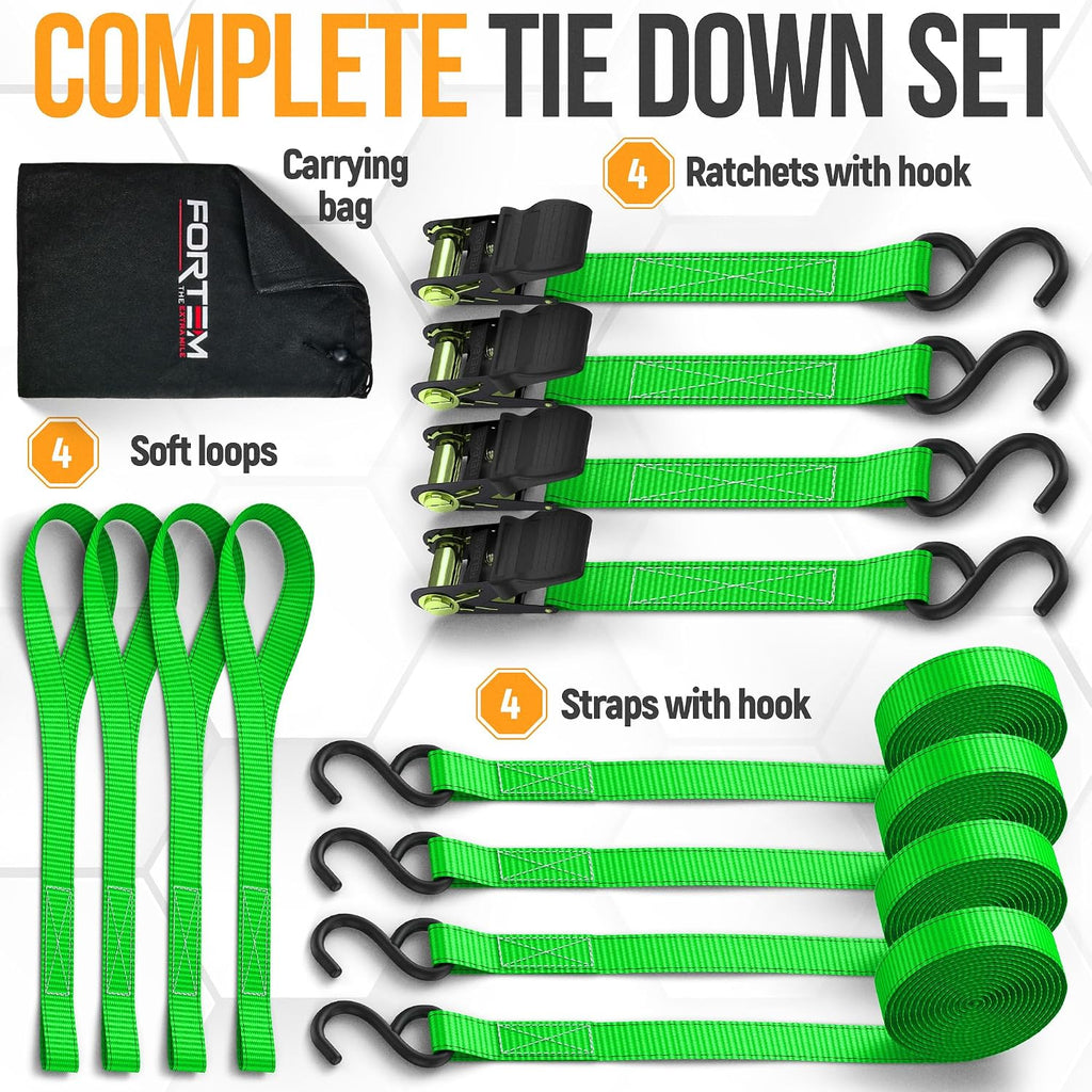 Ratchet Straps - Tie down Strap Set, 4 Pack, 1650Lb Break Strength