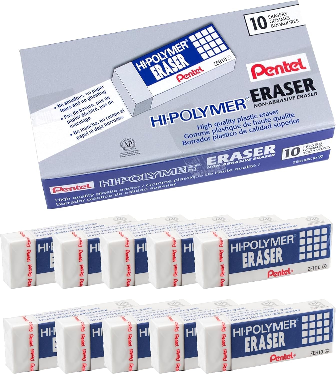 Hi-Polymer Block Eraser, Large, White, Pack of 10 Erasers